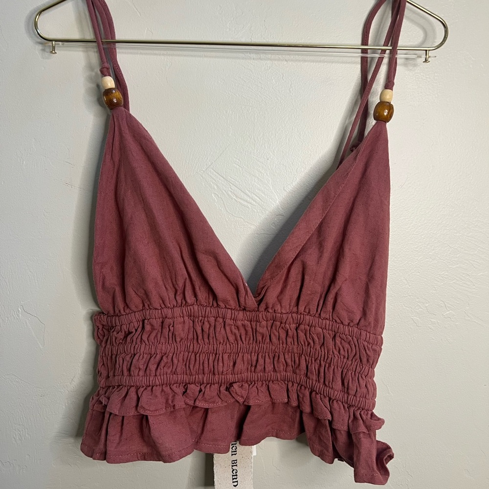 Mauve Smocked Ruffle Camisole with Beaded Straps linen blend small